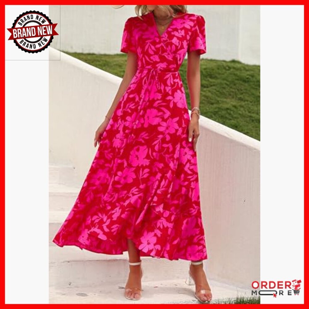 Boho Floral Maxi Dress Wrap V Neck Short Sleeve Summer Beach Wedding Guest - Picture 4 of 7